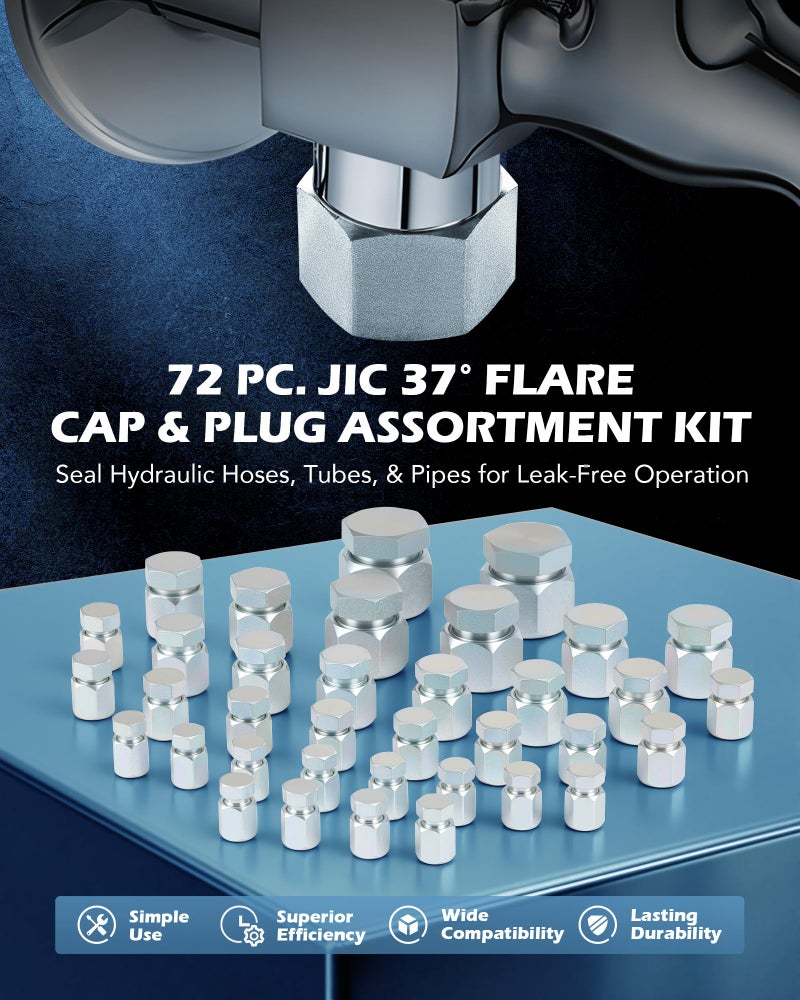 ZELCAN Hydraulic Hose Cap & Plug Kit, 72pc JIC Plug and Cap Assortment Kit with 37Â° Flare Thread for Dash Size 4 6 8 10 12 16, Heavy-Duty Hydraulic Hose Fitting Kit for Industrial Pipe Tube Sealing - Image 2